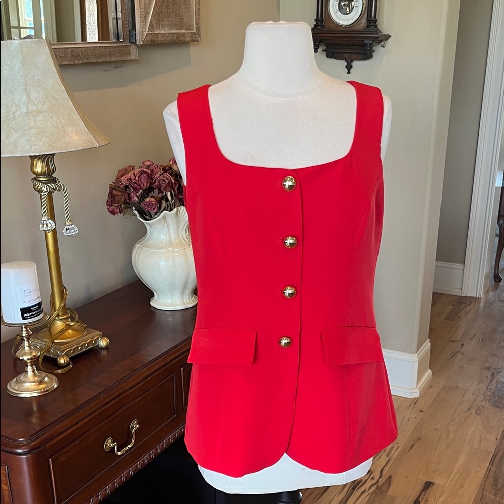 CICY Bell Red Dressy Vest Big Gold Buttons Flap Pockets New